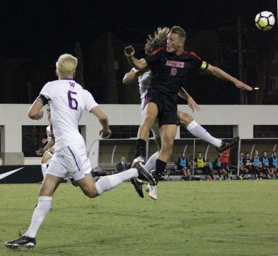 Senior forward Jeroen Meefout jumps for a header during SDSU’s 0-1 loss to Washington on Oct. 26.