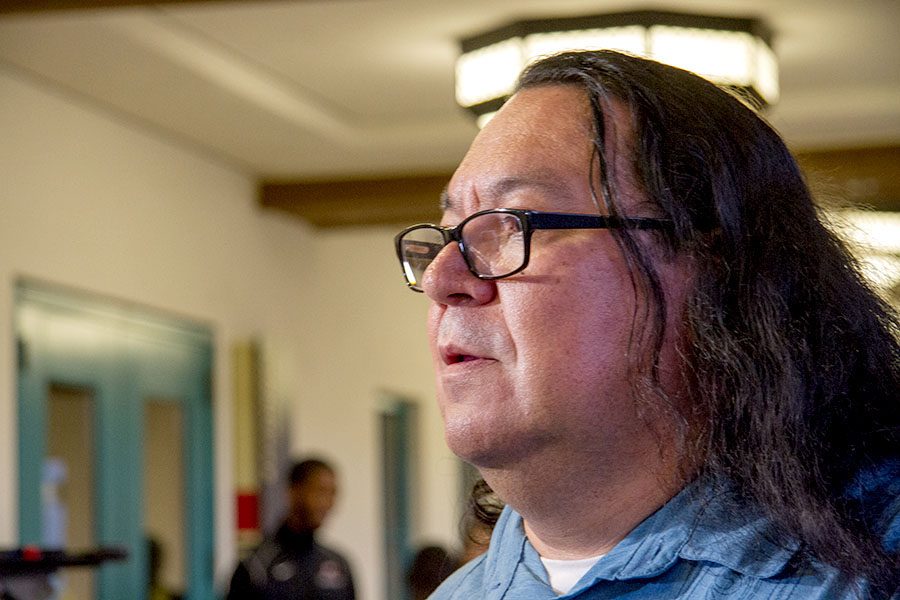 American Indian Studies Lecturer Oscar "Ozzie" Monge at an Associated Students vote on a resolution to retire the Aztec mascot and moniker in April 2017. Monge has been outspoken in favor of ending the mascot.