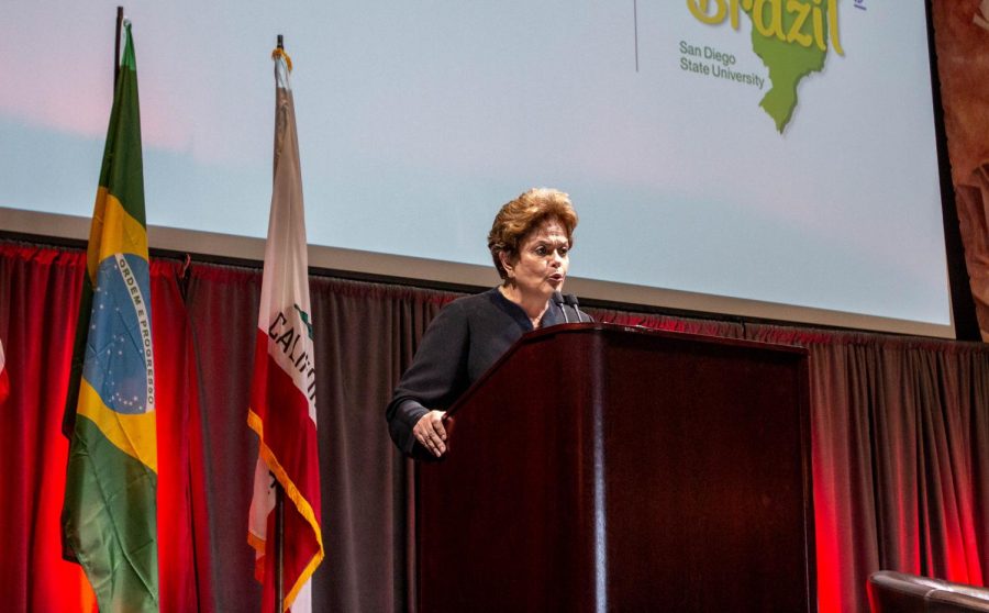 Former president Dilma Rousseff speaks about Brazil's political issues on April 19, inside Montezuma Hall at San Diego State.