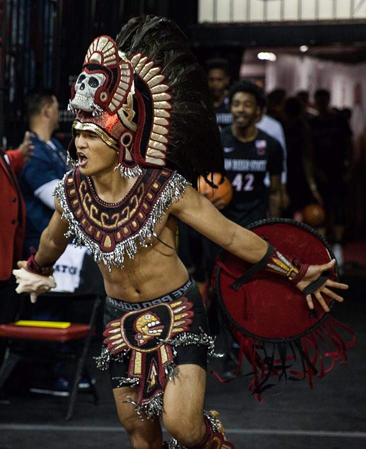 San Diego State's Aztec Warrior mascot – now to be called a "spirit leader" – at a Mountain West tournament game in Las Vegas in March.