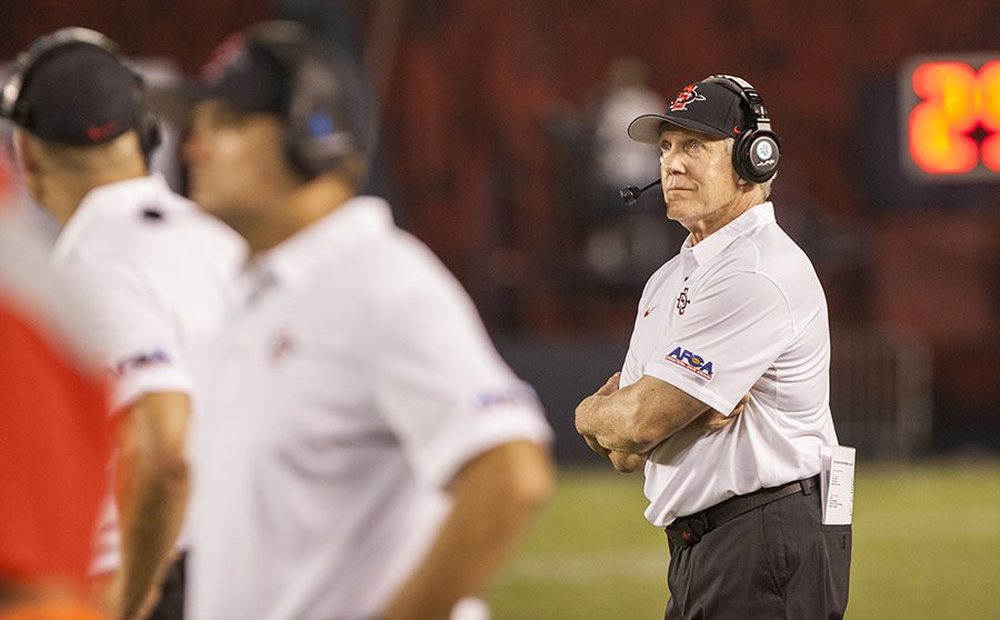 San Diego State football Head coach Rocky Long looks on from the sidelines during a game in the 2017-18 season. 