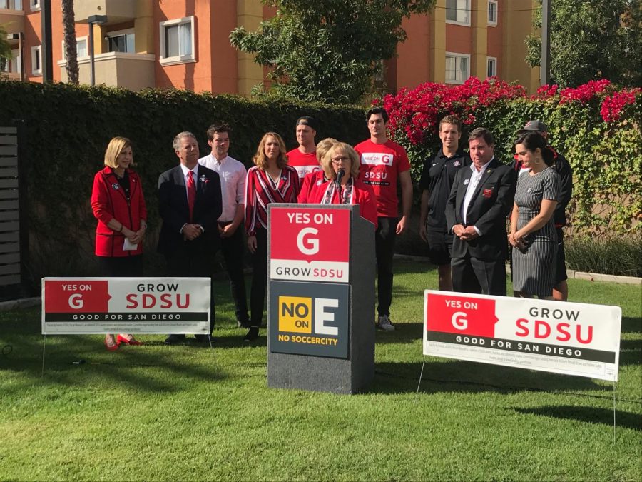 Former interim President Sally Roush addresses the press to express her support for the SDSU West initiative.
