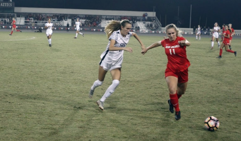 SDSU freshman defender Lauren DIcus (left) chases after the ball with Lobos sophomore midfielder Jenna Killman during the Aztecs 3-1 loss on Oct. 26 at the SDSU Sports Deck.