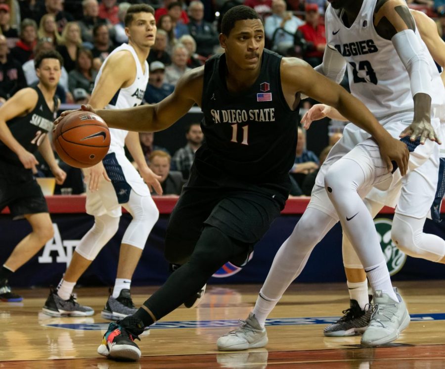 Then-sophomore forward Matt Mitchell looks to drive to the hoop in the Aztecs’ 64-57 loss to Utah State last season in the Mountain West tournament championship game on March 16 at Thomas & Mack Center in Las Vegas.