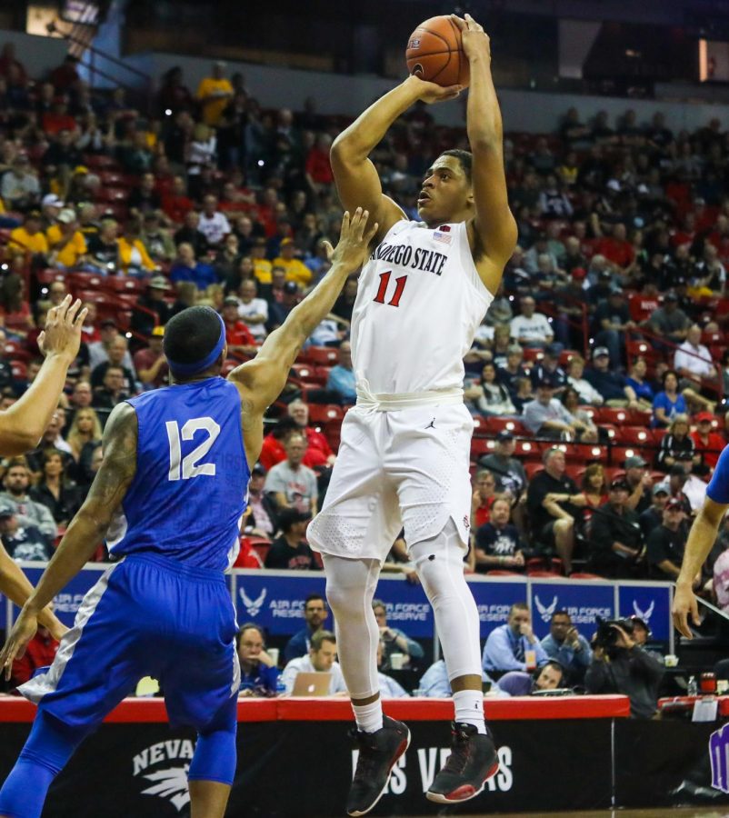 Then-junior forward Matt Mitchell pulls up for a mid-range shot during the Aztecs' 73-60 win over Air Force in the quarterfinals of the Mountain West tournament on March 5, 2020 at the Thomas & Mack Center in Las Vegas.