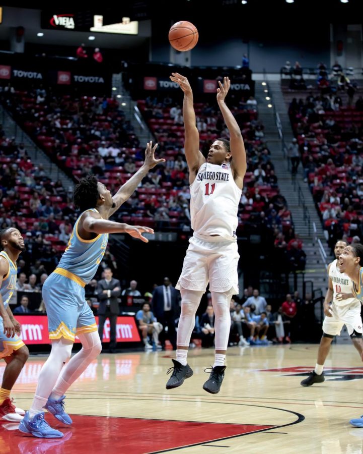 Then-junior forward Matt Mitchell fires a jumper during the Aztecs' 81-64 win over Long Island University on Nov. 22, 2019 at Viejas Arena.
