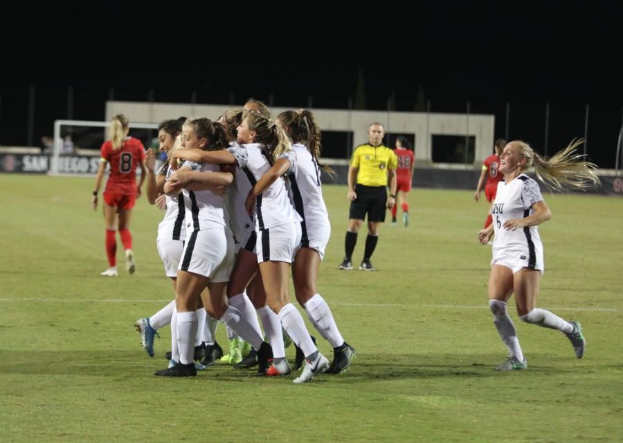 San Diego State women's soccer celebrates after scoring its lone goal against UNLV in a 1-0 victory against the Rebels on Oct. 4, 2019 at the SDSU Sports Deck.