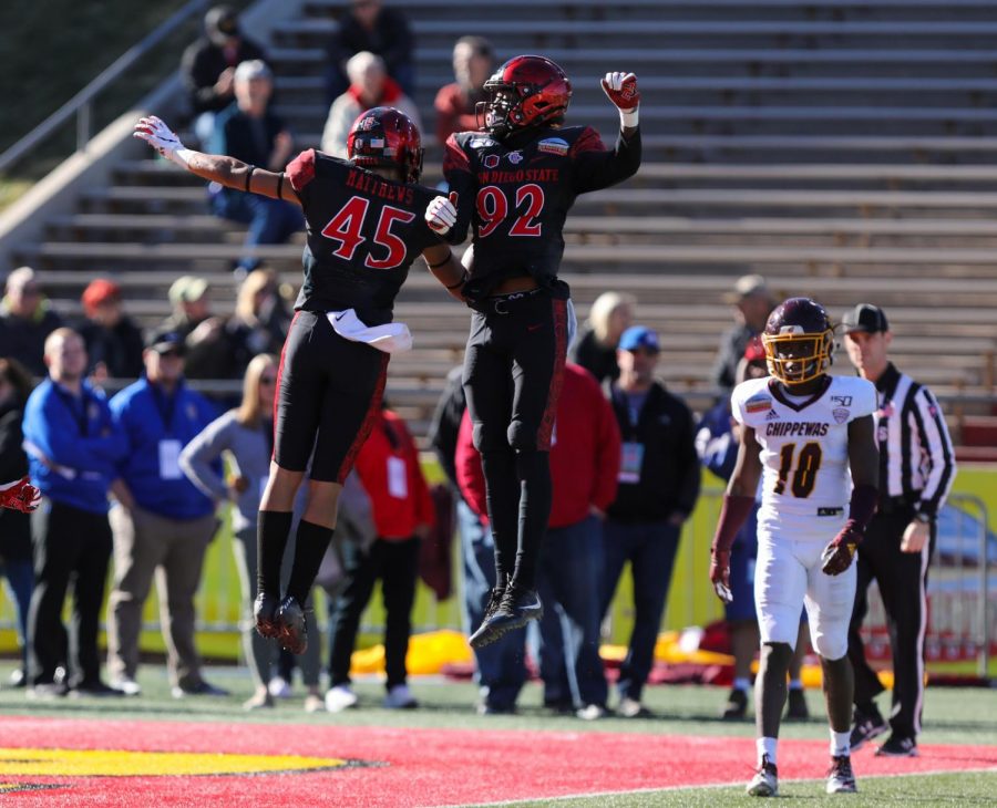 Then-freshman wide receiver Jesse Matthews (left) and then-sophomore wide receiver Kobe Smith celebrate after a play during the Aztecs' 48-11 win over Central Michigan on Dec. 21, 2019 at the New Mexico Bowl in Albuquerque.