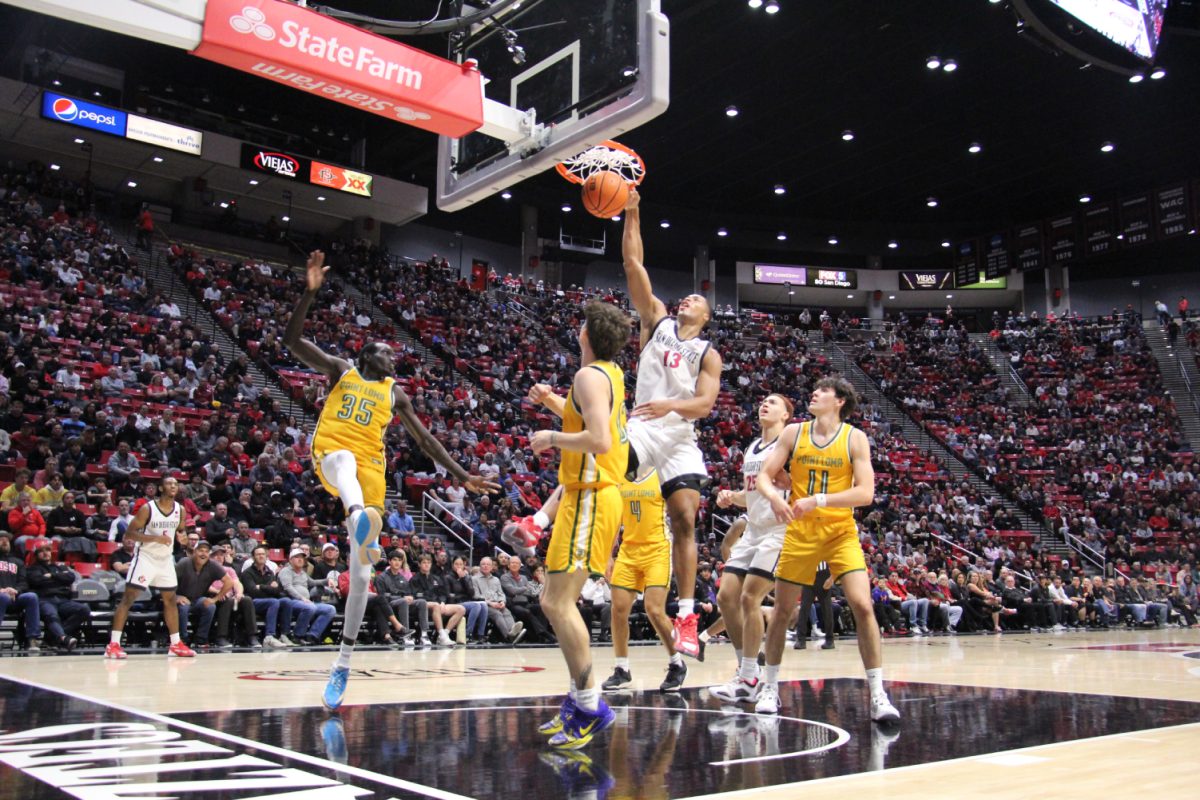 San Diego State forward Jaedon LeDee throws down a dunk during the first half against Point Loma Nazarene on Monday, Nov. 27 at Viejas Arena.