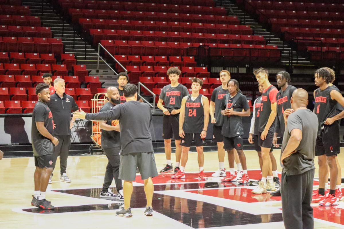 Assistant coaches Dave Velasquez, Chris Acker, JayDee Luster and head coach Brian Dutcher at practice with the Aztecs men's basketball team on Oct. 2, 2023.