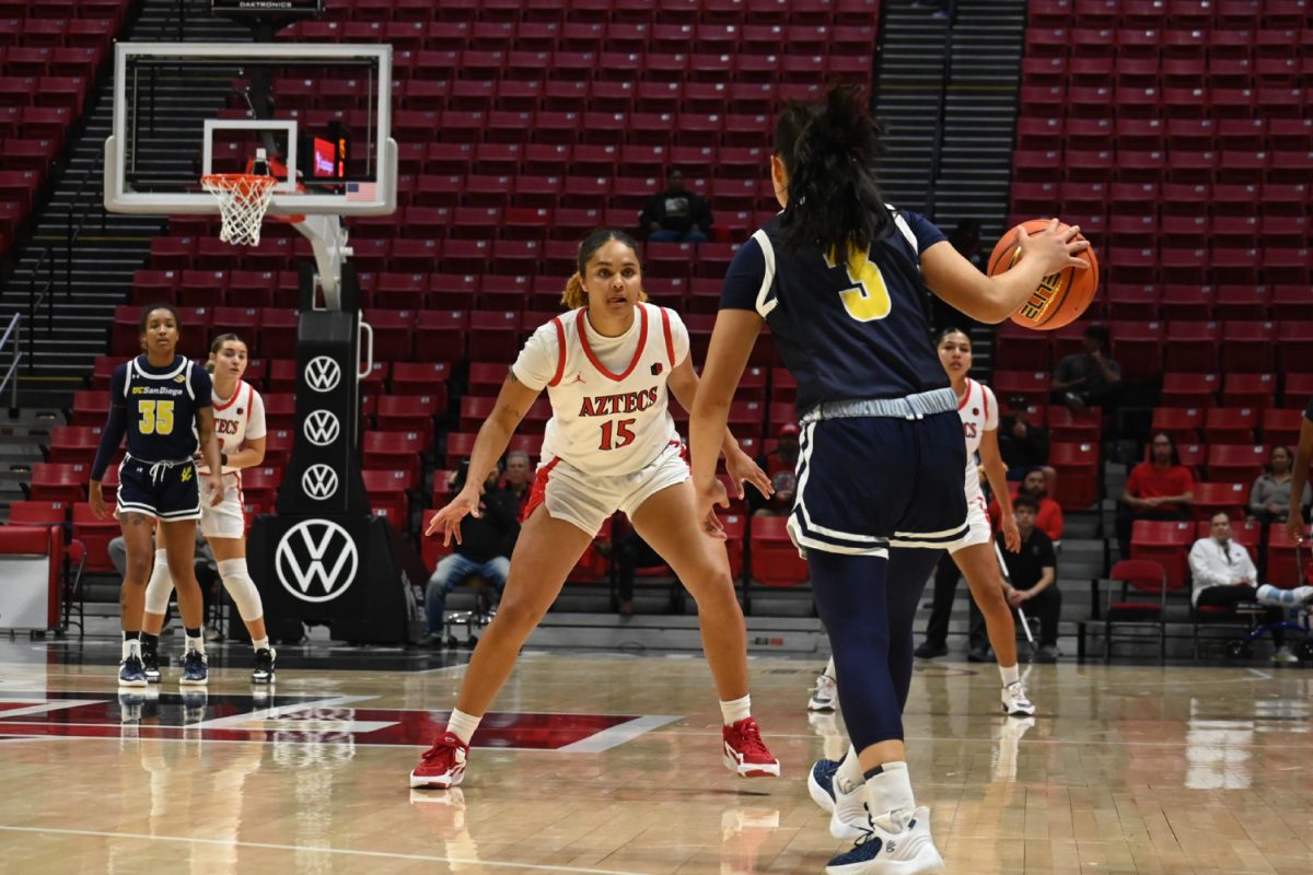 San Diego State guard Jada Lewis readies to defend UC San Diego guard Sumayah Sugapong on Tuesday, Nov. 28 at Viejas Arena. Lewis made four of the Aztecs' eight 3-pointers in their 77-71 overtime loss to the Tritons.