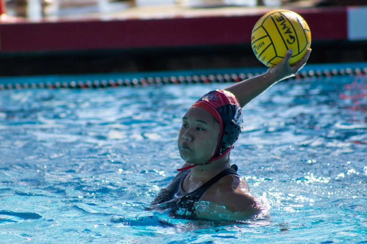 San Diego State goalkeeper Tiaare Ahovelo launches a ball back into the water earlier this season against Long Beach State on Saturday, Feb. 10. 