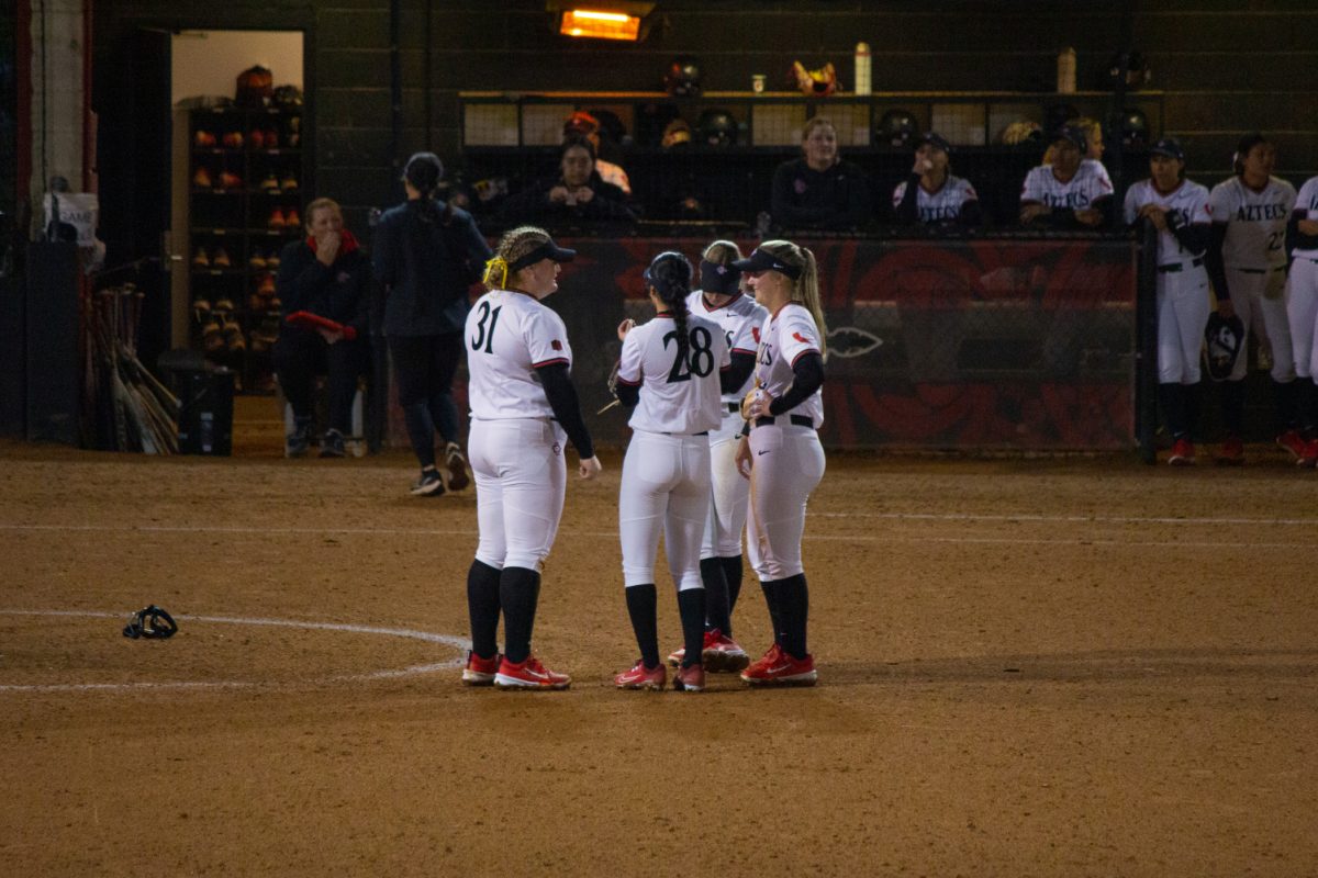 San Diego State's infielders gather behind the circle earlier this season at the SDSU Softball Stadium. The Aztecs won all four games this past weekend at the Louisville Slugger Invitational.