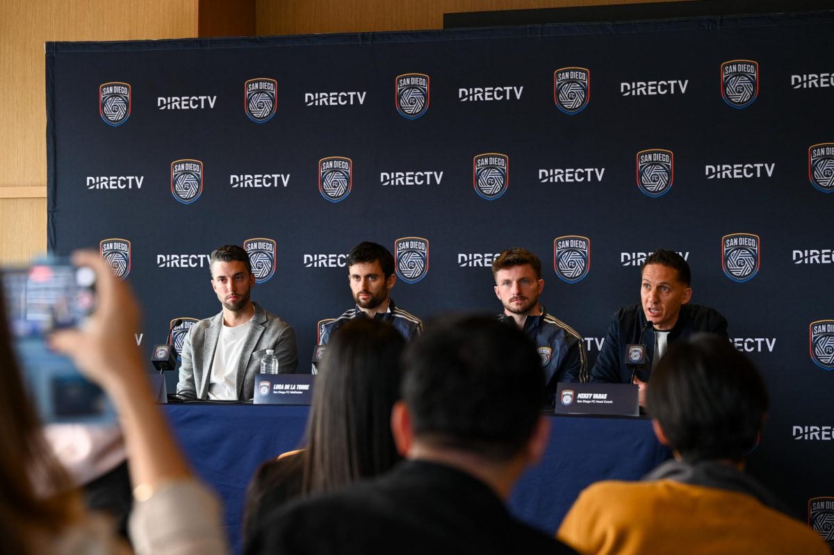  Tyler Heaps, Luca De La Torre, Anders Dreyer, and Mikey Varas sit on a panel at the San Diego FC press conference on January 22, 2025.