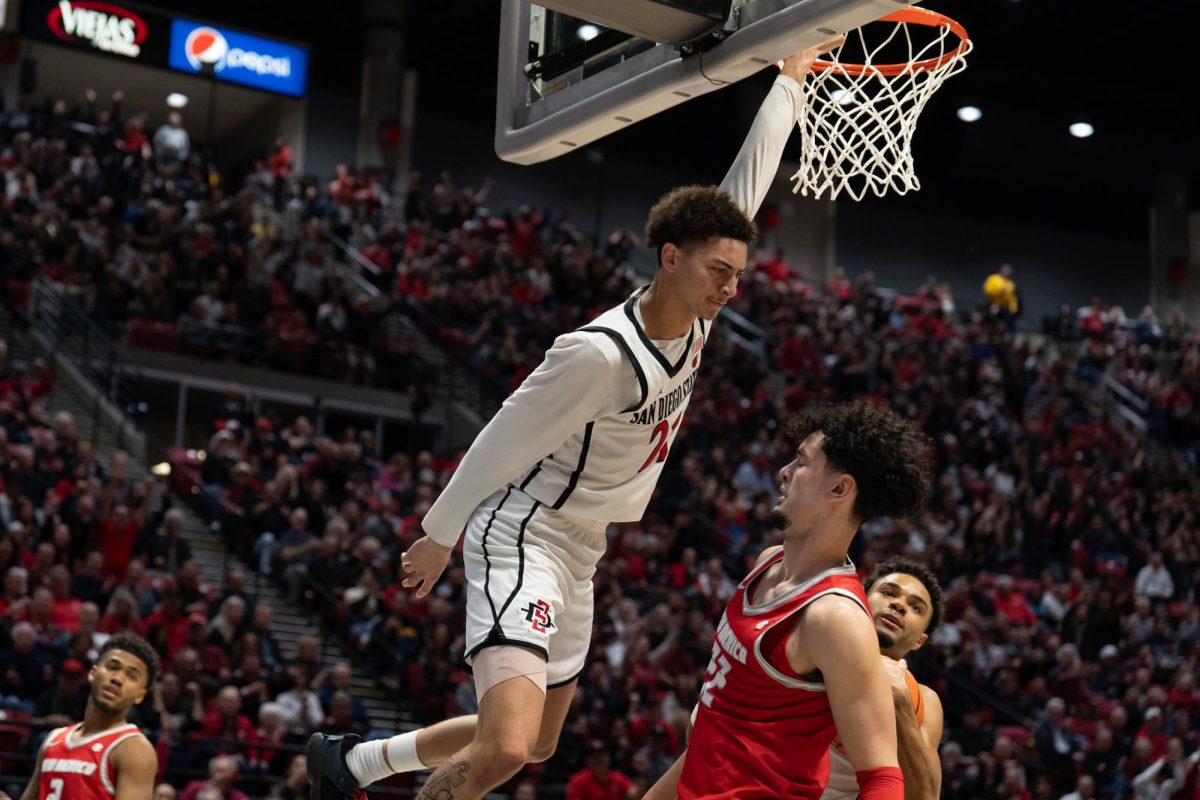 San Diego State sophomore guard Miles Byrd stares down senior forward Mustapha Amzil after a dunk leading to an Aztec victory at Viejas Arena on Tuesday, Feb. 25, 2025 