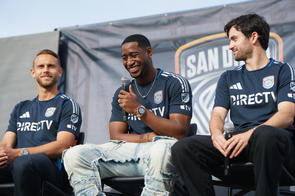 Andrés Reyes laughs at a comment made by an audience member at a Q&A session at the San Diego FC kickoff party at Snapdragon Stadium on Feb. 16. 