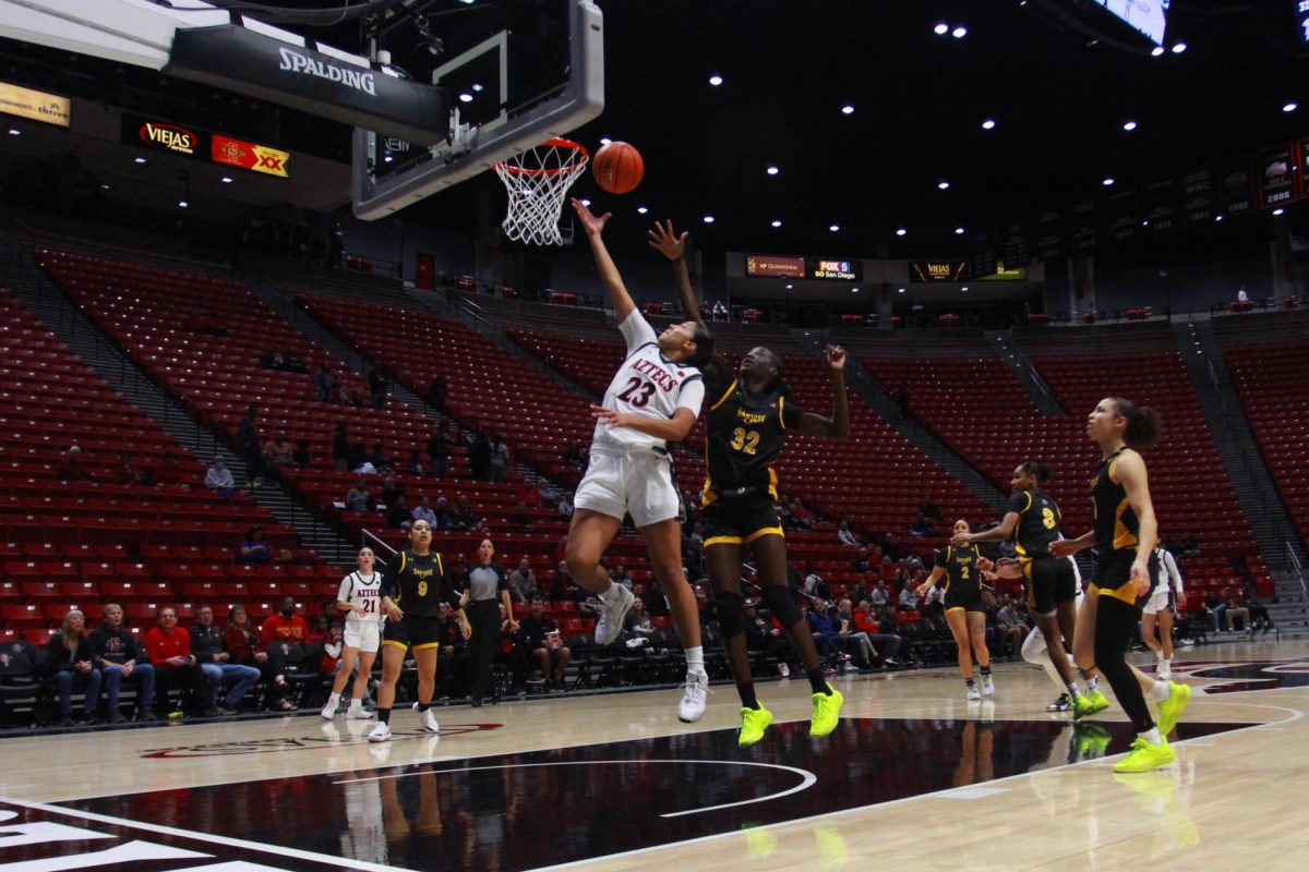 San Diego State senior forward Kim Villalobos drives through the defense for a layup in a matchup against tough San Jose State defense in a 57-68 loss at Viejas Arena on January 22, 2025. 
