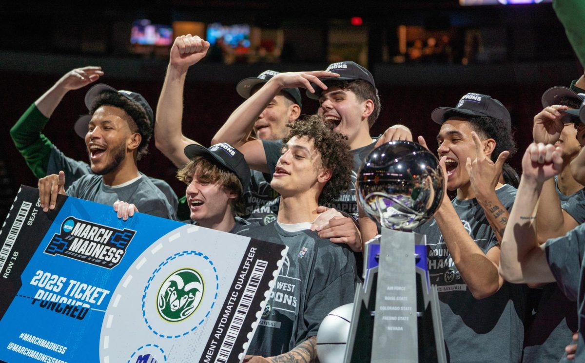 The Colorado State men's basketball team celebrated their Mountain West Championship game win over Boise State at Thomas & Mack Center on March 15, 2025. Courtesy of Paige Molenkamp of The Rocky Mountain Collegian.