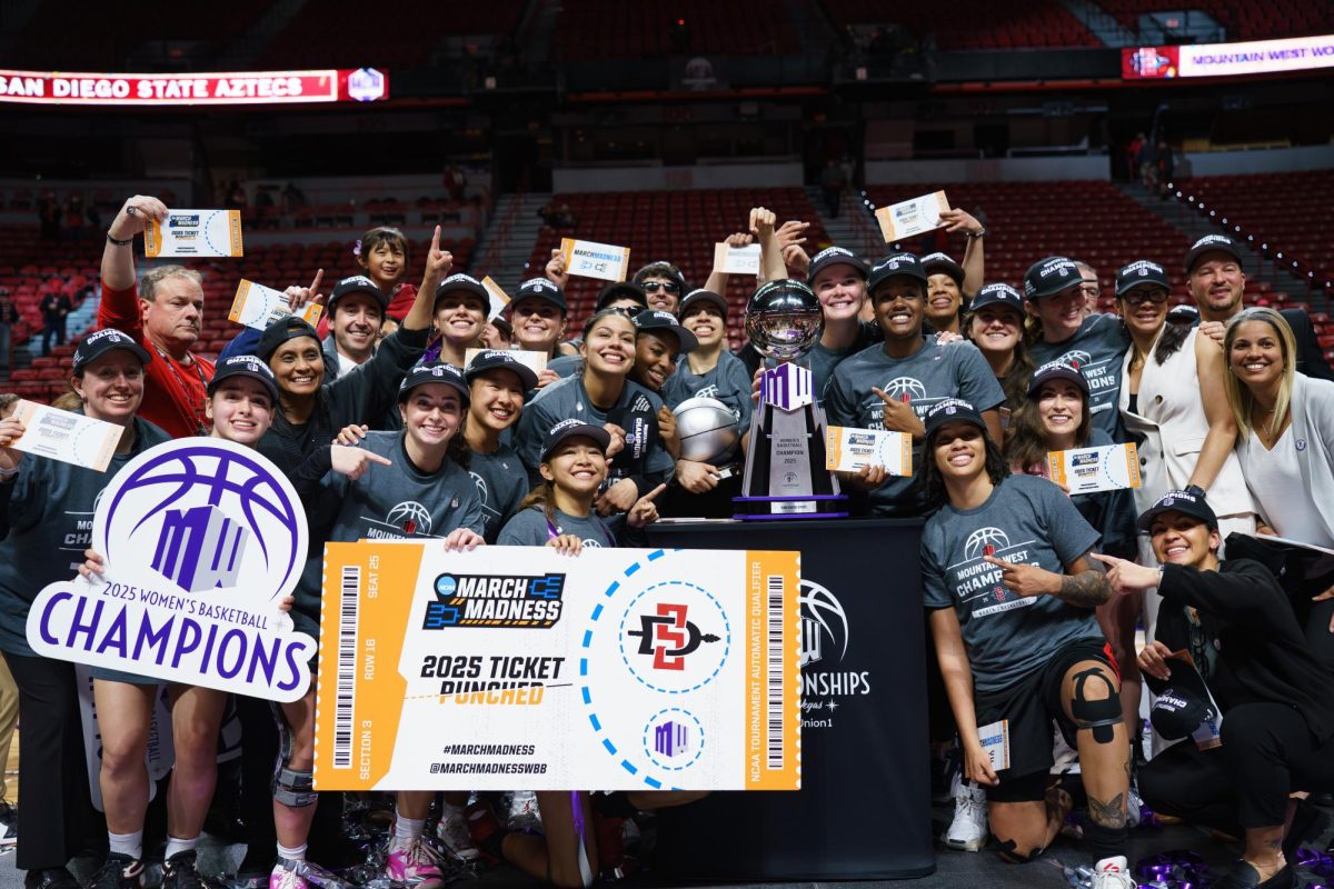 The San Diego State Aztecs won the Mountain West Championship in triple overtime against Wyoming in Las Vegas at the Thomas & Mack Center on March 12, 2025. 