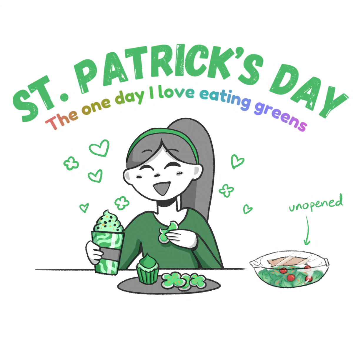 A girl enjoys some green St. Patrick's Day treats while ignoring other green food that is not as sweet.