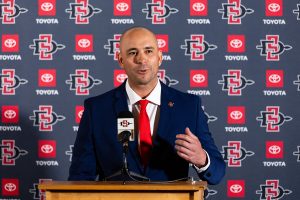 San Diego State baseball head coach Kevin Vance speaking during his introductory press conference at Fowler Athletics Center. Photo courtesy of (Derrick Tuskan/SDSU Athletics).
